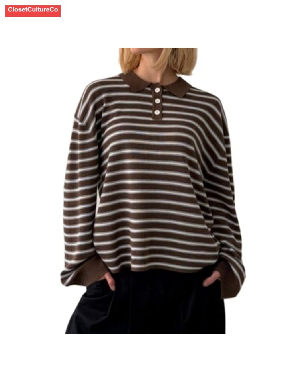 Striped Knit Polo Sweatshirt Oversized Long Sleeve Button Lapel Collar Pullover